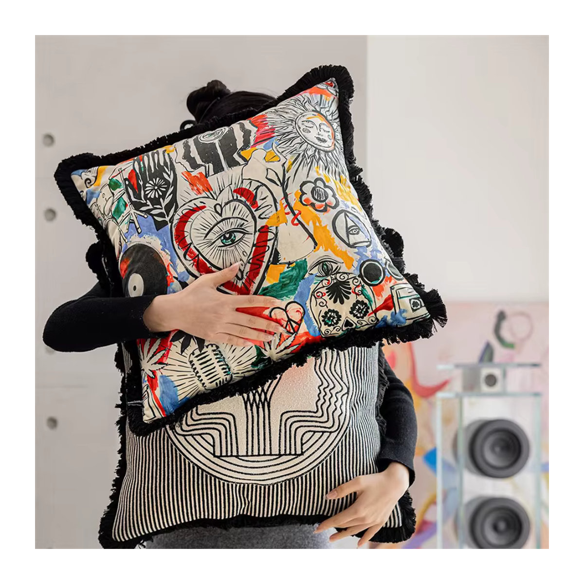 Formano Kissenbezug aus Samt mit Allsehendem Auge im Retro-Boho Design, Gelb/Mehrfarbig - Bild 2