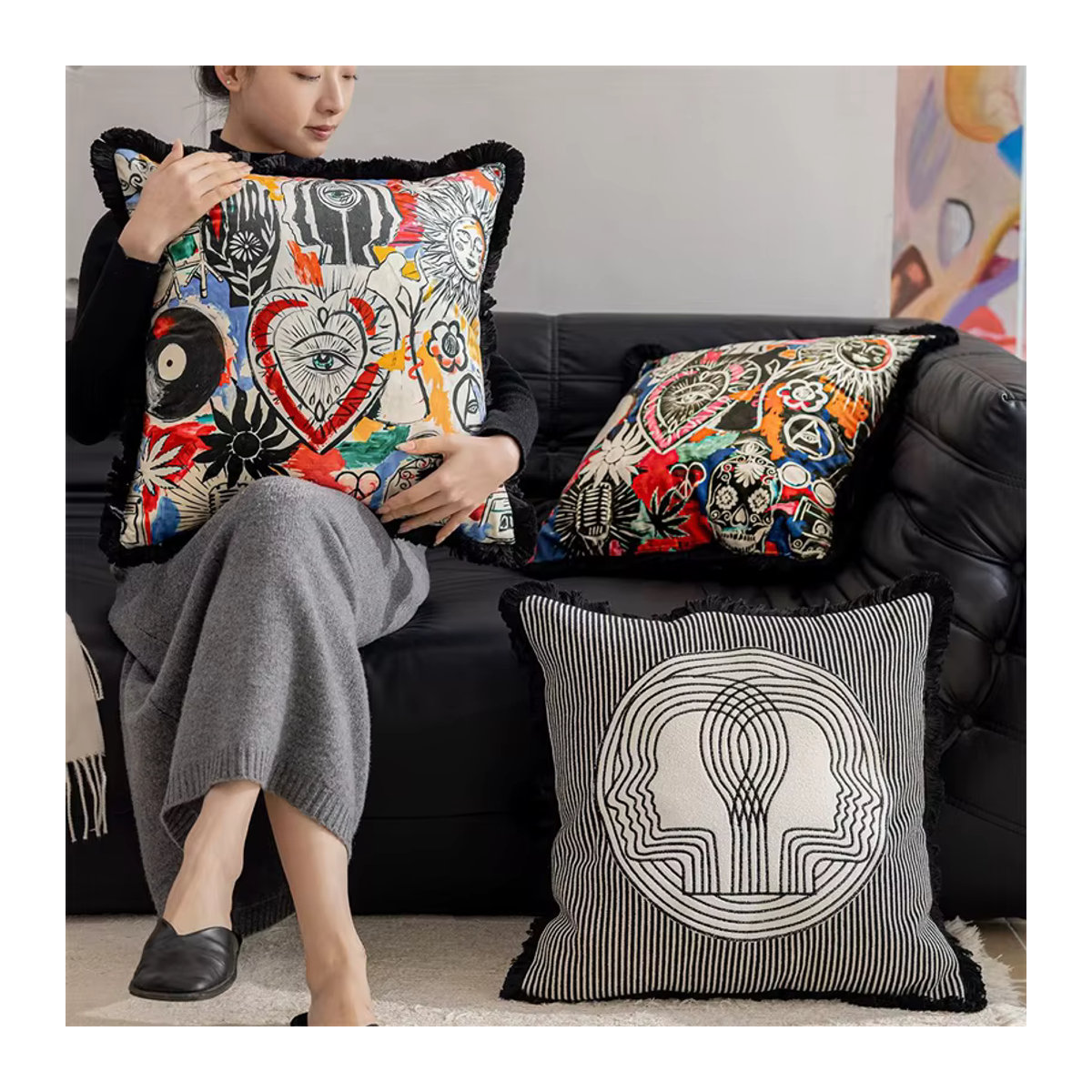 Formano Kissenbezug aus Samt mit Allsehendem Auge im Retro-Boho Design, Gelb/Mehrfarbig - Bild 5