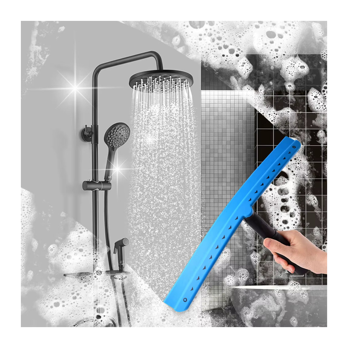 FOSHIO T-Shape Duschabzieher in Blau für Glas und Spiegel mit Wandbehang und Griff - Bild 2