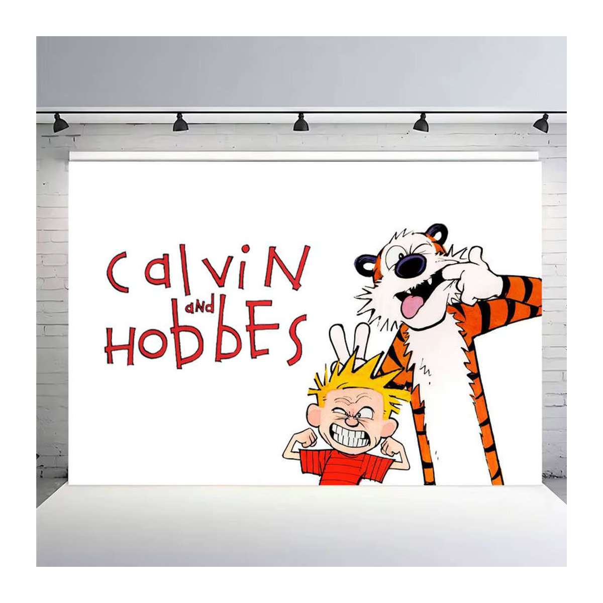 Fotohintergrund Calvin und Hobbes für Kindergeburtstage und Babypartys, weißer Textil-Banner im Cartoon-Design - Bild 3