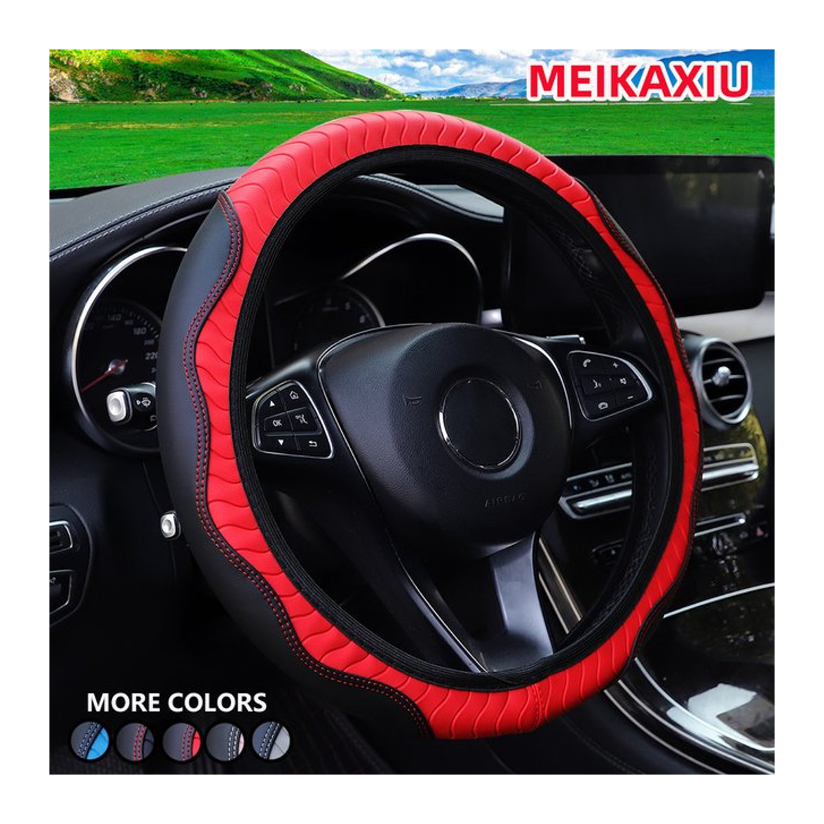 Four Seasons Universal Auto-Lenkradabdeckung aus verschleißfestem PU-Leder in Rot mit geometrischem Design für 14,5-15 Zoll - Bild 1
