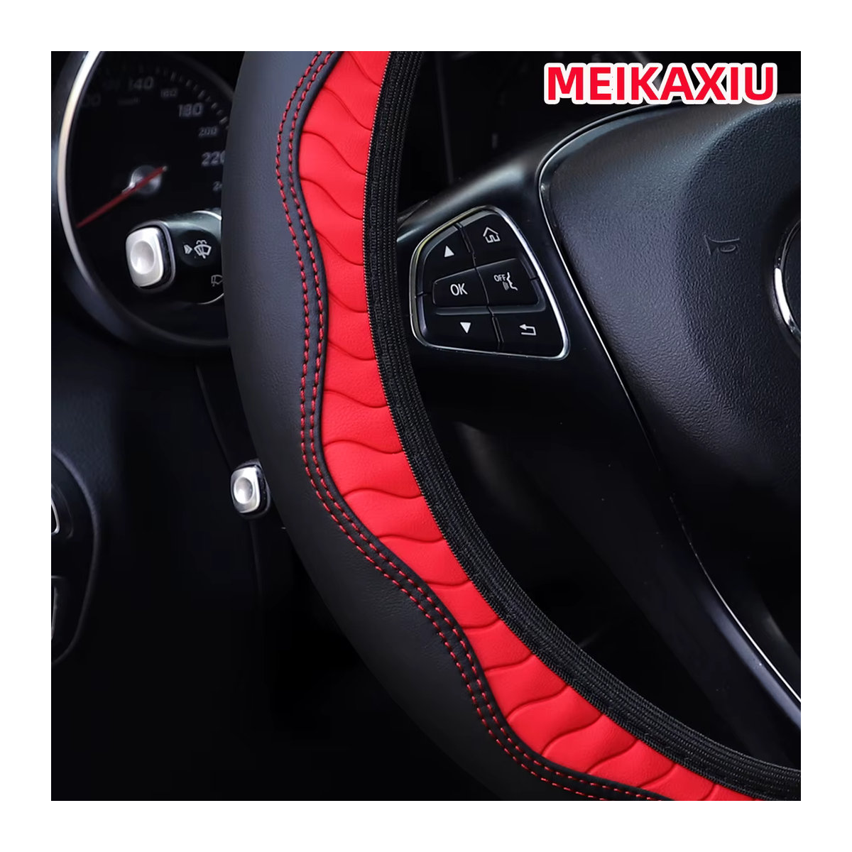Four Seasons Universal Auto-Lenkradabdeckung aus verschleißfestem PU-Leder in Rot mit geometrischem Design für 14,5-15 Zoll - Bild 2