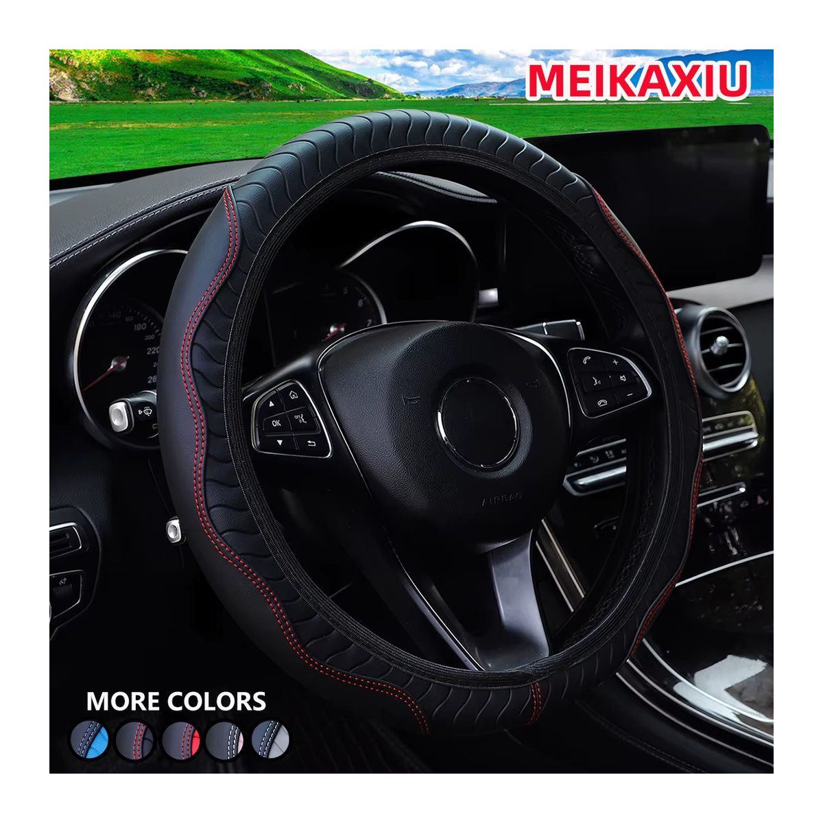Four Seasons Universal Auto-Lenkradabdeckung aus verschleißfestem PU-Leder in Rot mit geometrischem Design für 14,5-15 Zoll - Bild 4