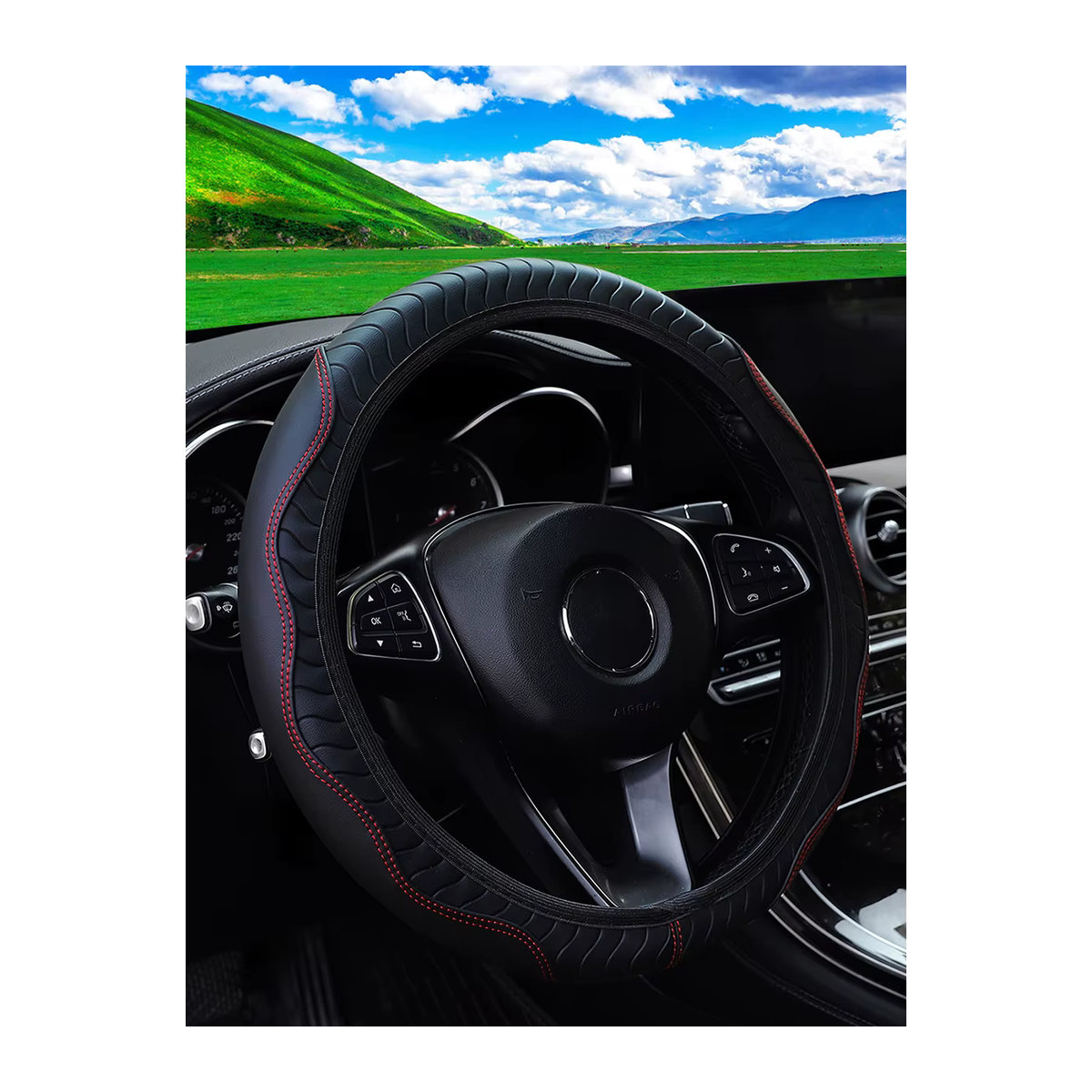 Four Seasons Universal Auto-Lenkradabdeckung aus verschleißfestem PU-Leder in Rot mit geometrischem Design für 14,5-15 Zoll - Bild 5