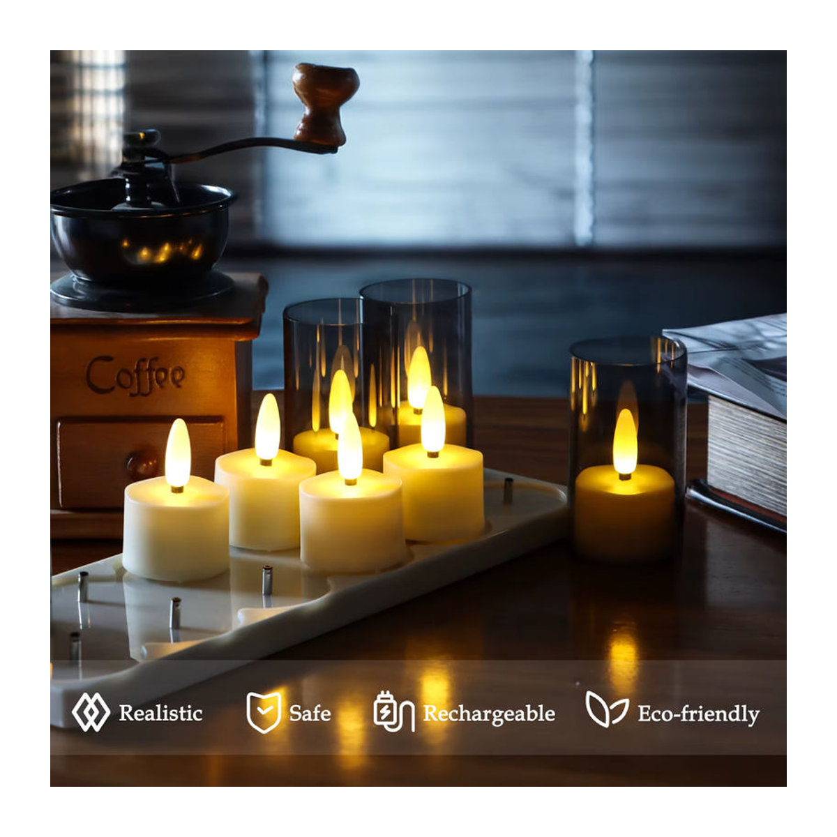 FPOO LED Teelicht Set mit Flackereffekt und Timer, wiederaufladbar via USB, flammenlose Kerzen in Schwarz und Weiß für deine Weihnachtsdekoration - Bild 3