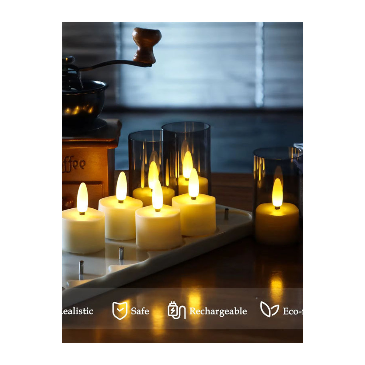FPOO LED Teelicht Set mit Flackereffekt und Timer, wiederaufladbar via USB, flammenlose Kerzen in Schwarz und Weiß für deine Weihnachtsdekoration - Bild 5