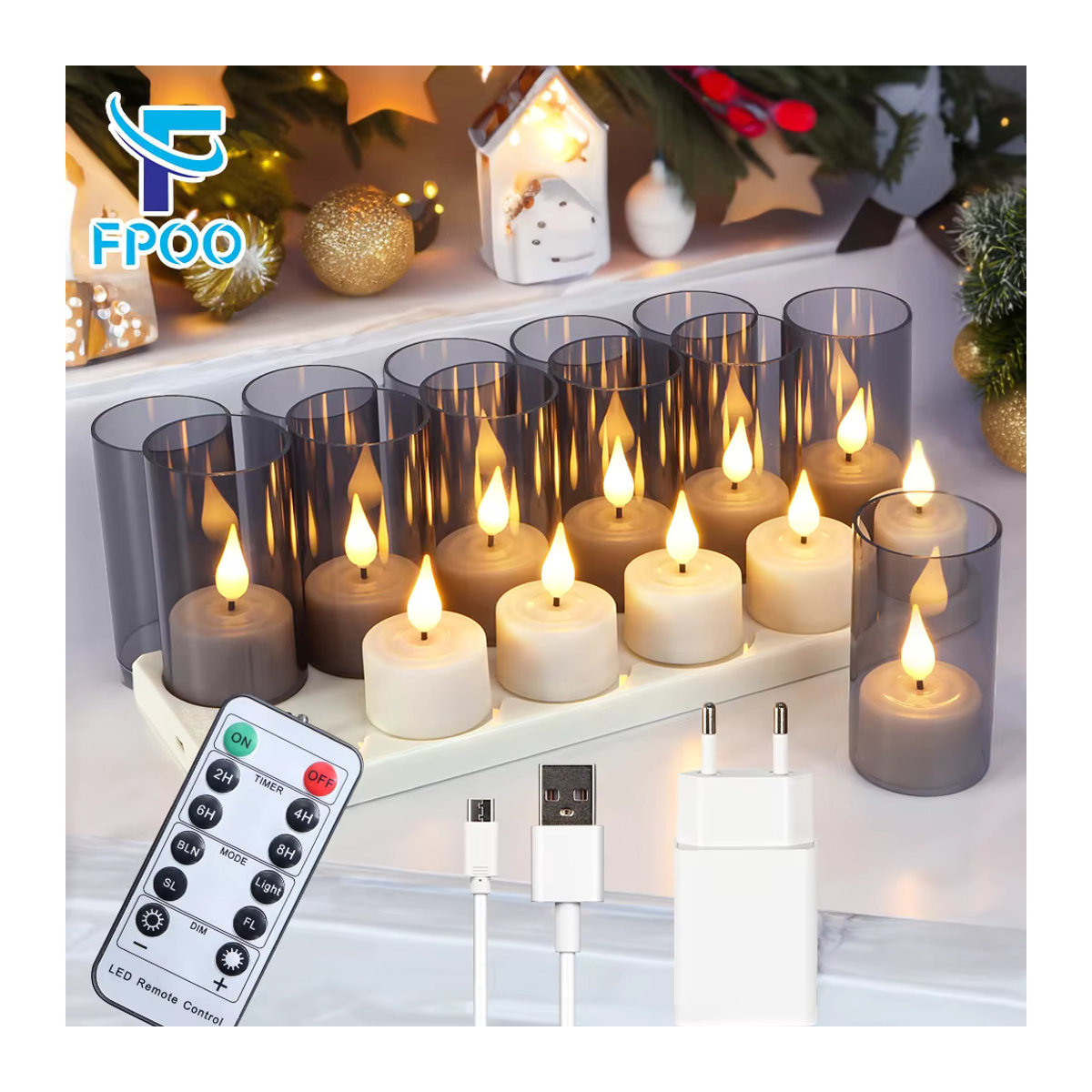FPOO LED-Teelichter Set mit Timer und Flackereffekt, USB-ladbar, 12 Stück, Schwarz und Weiß - Bild 2