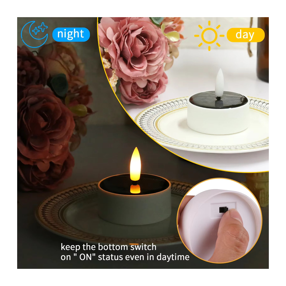 FPOO Solar LED Kerzen Set mit flackerndem Flammen-Effekt, wasserdicht, Weiß, 4 Stück - Bild 5