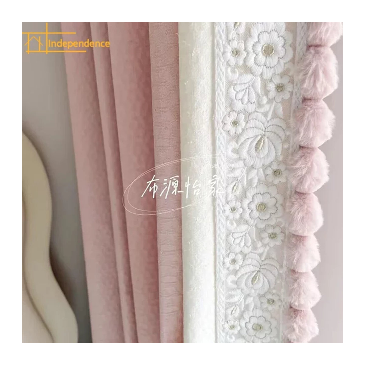 Französische High-End-Spitzenvorhänge aus Baumwolle mit Jacquard-Patches in Rosa-Beige für Wohnzimmer, Schlafzimmer und Balkon - Bild 1