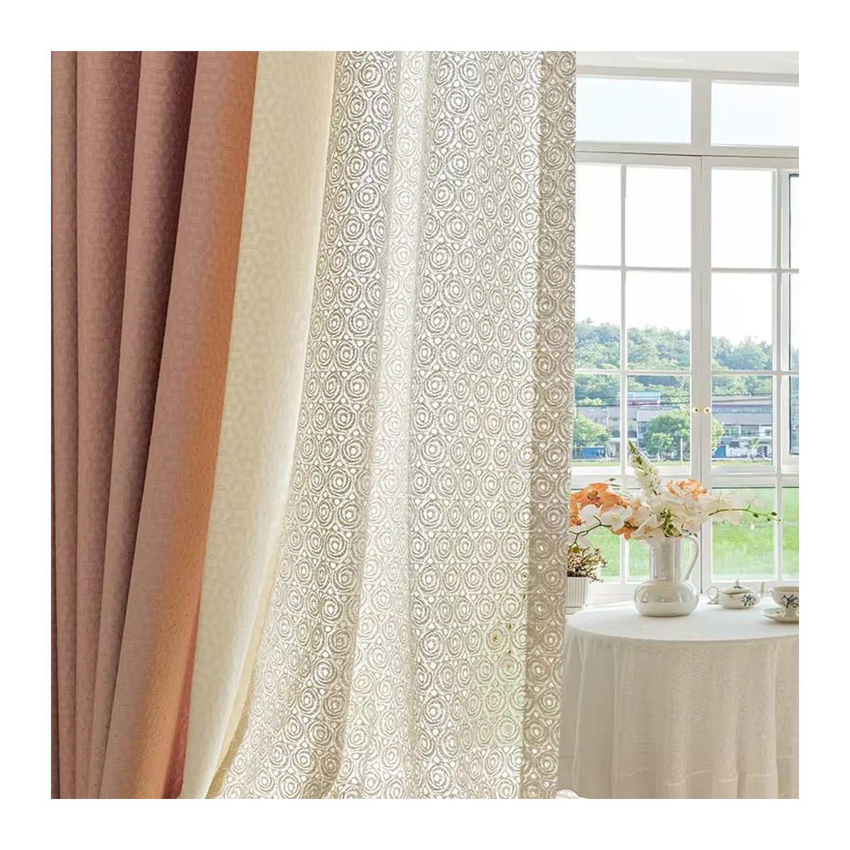 Französische High-End-Spitzenvorhänge aus Baumwolle mit Jacquard-Patches in Rosa-Beige für Wohnzimmer, Schlafzimmer und Balkon - Bild 2