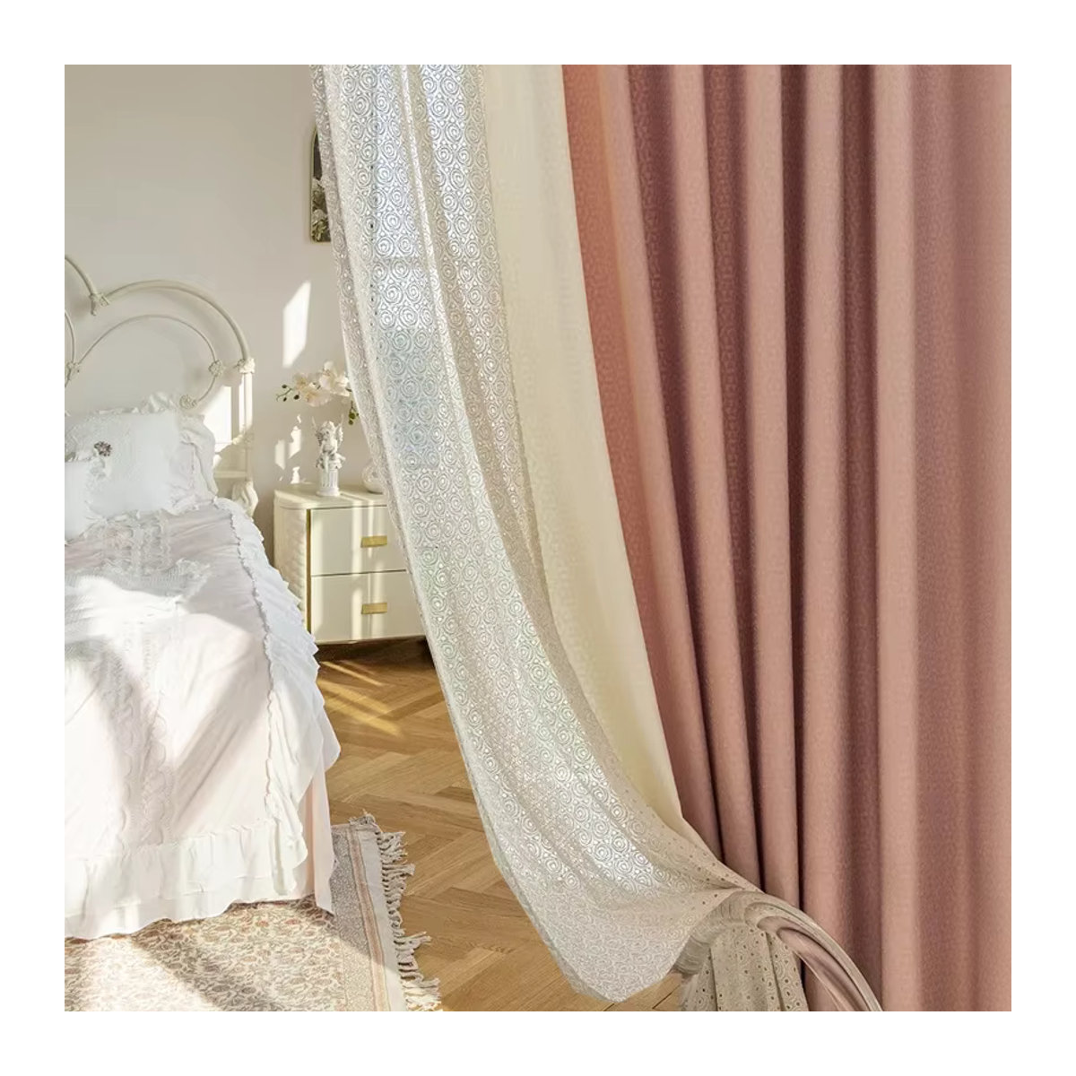 Französische High-End-Spitzenvorhänge aus Baumwolle mit Jacquard-Patches in Rosa-Beige für Wohnzimmer, Schlafzimmer und Balkon - Bild 3