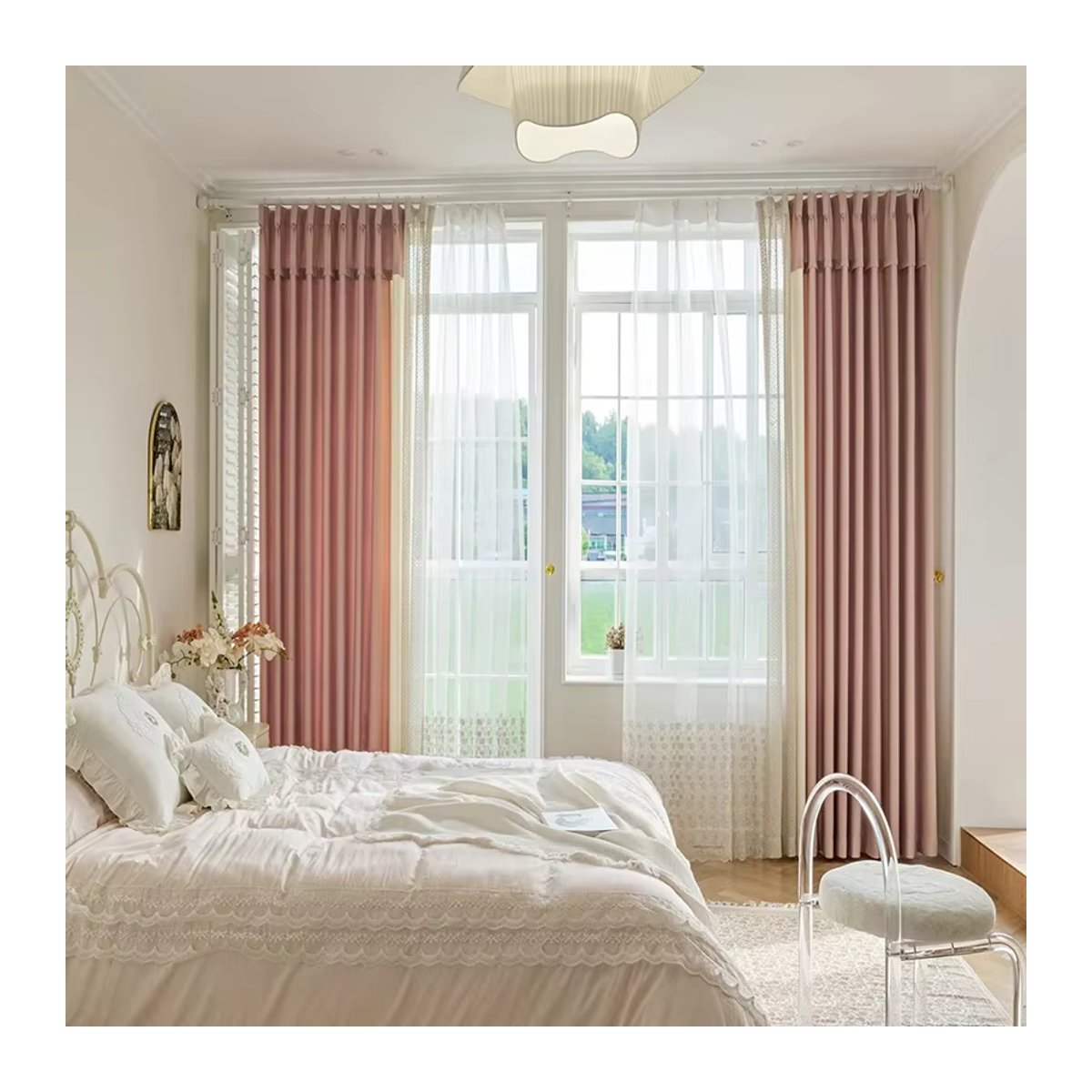 Französische High-End-Spitzenvorhänge aus Baumwolle mit Jacquard-Patches in Rosa-Beige für Wohnzimmer, Schlafzimmer und Balkon - Bild 4