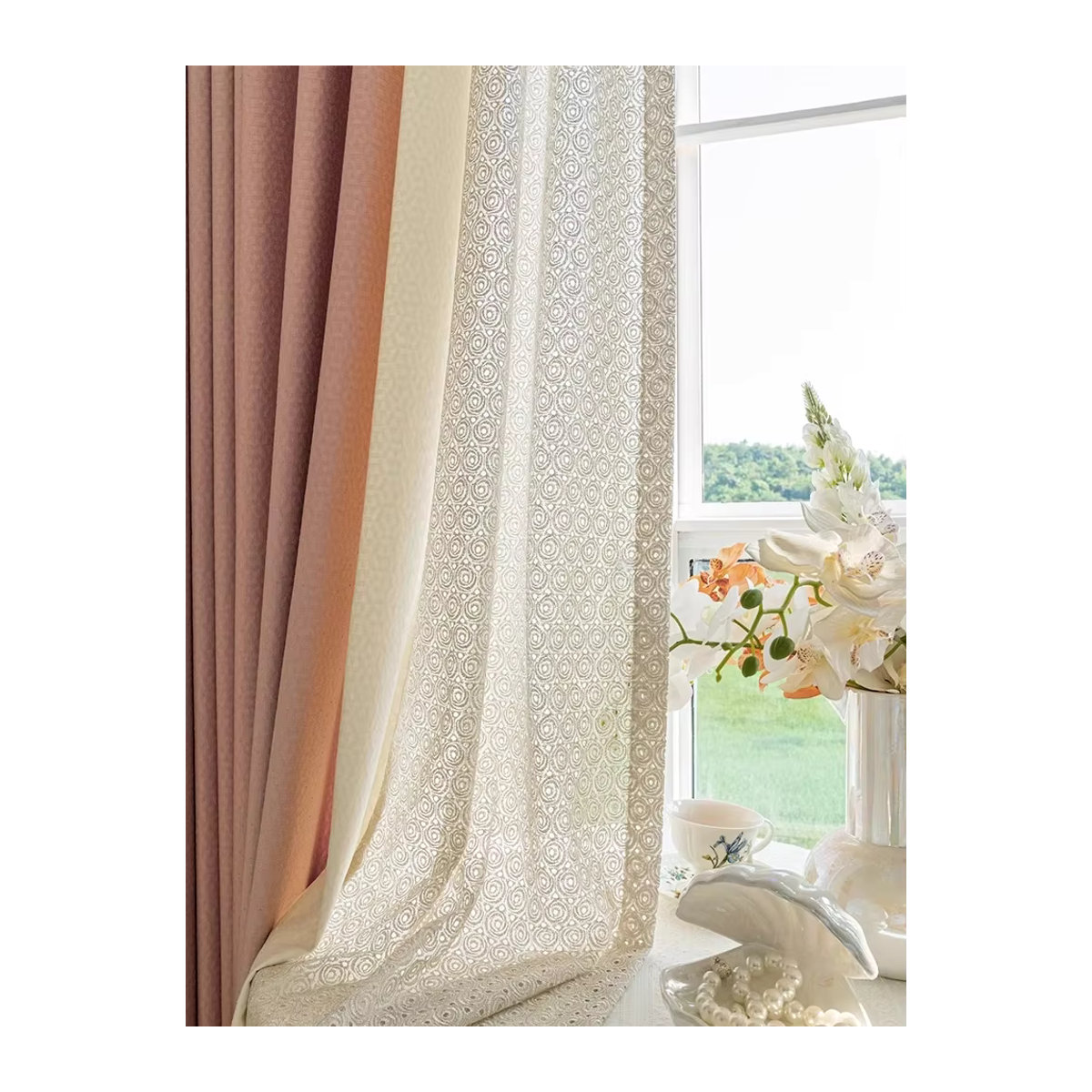 Französische High-End-Spitzenvorhänge aus Baumwolle mit Jacquard-Patches in Rosa-Beige für Wohnzimmer, Schlafzimmer und Balkon - Bild 5