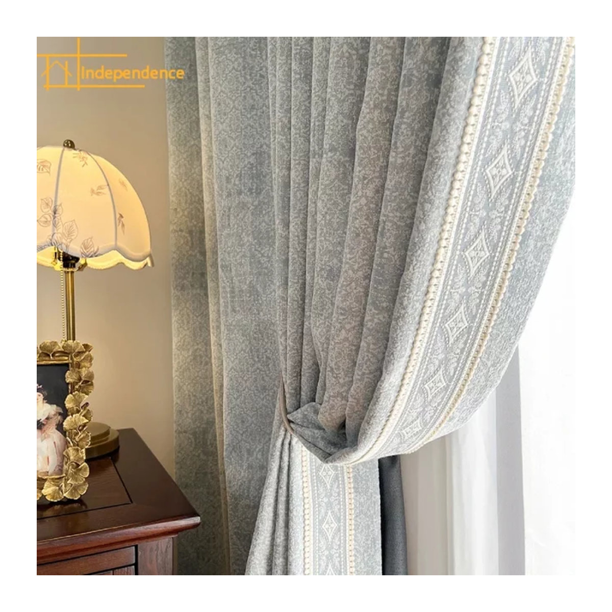 Französische Retro-Vorhänge aus Chenille mit grau-blauer Spitze und dunkler Textur für Schlafzimmer und Wohnzimmer - Bild 1