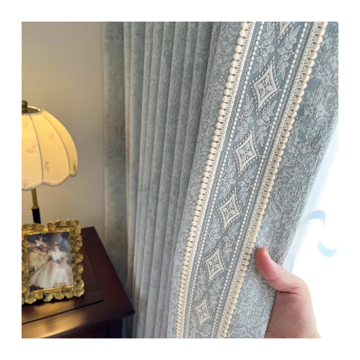 Französische Retro-Vorhänge aus Chenille mit grau-blauer Spitze und dunkler Textur für Schlafzimmer und Wohnzimmer - Bild 2