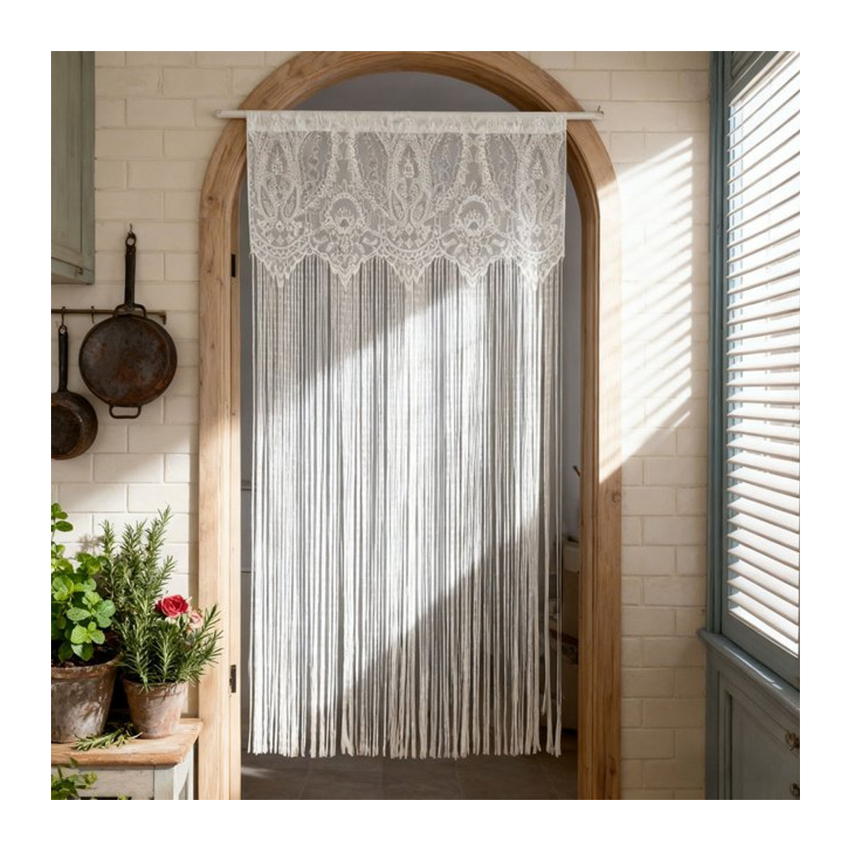 Französischer Vintage-Türvorhang mit Spitze und Quaste in Weiß, transparenter Fenstervorhang für Küche, Wohnzimmer und Balkon - Bild 1