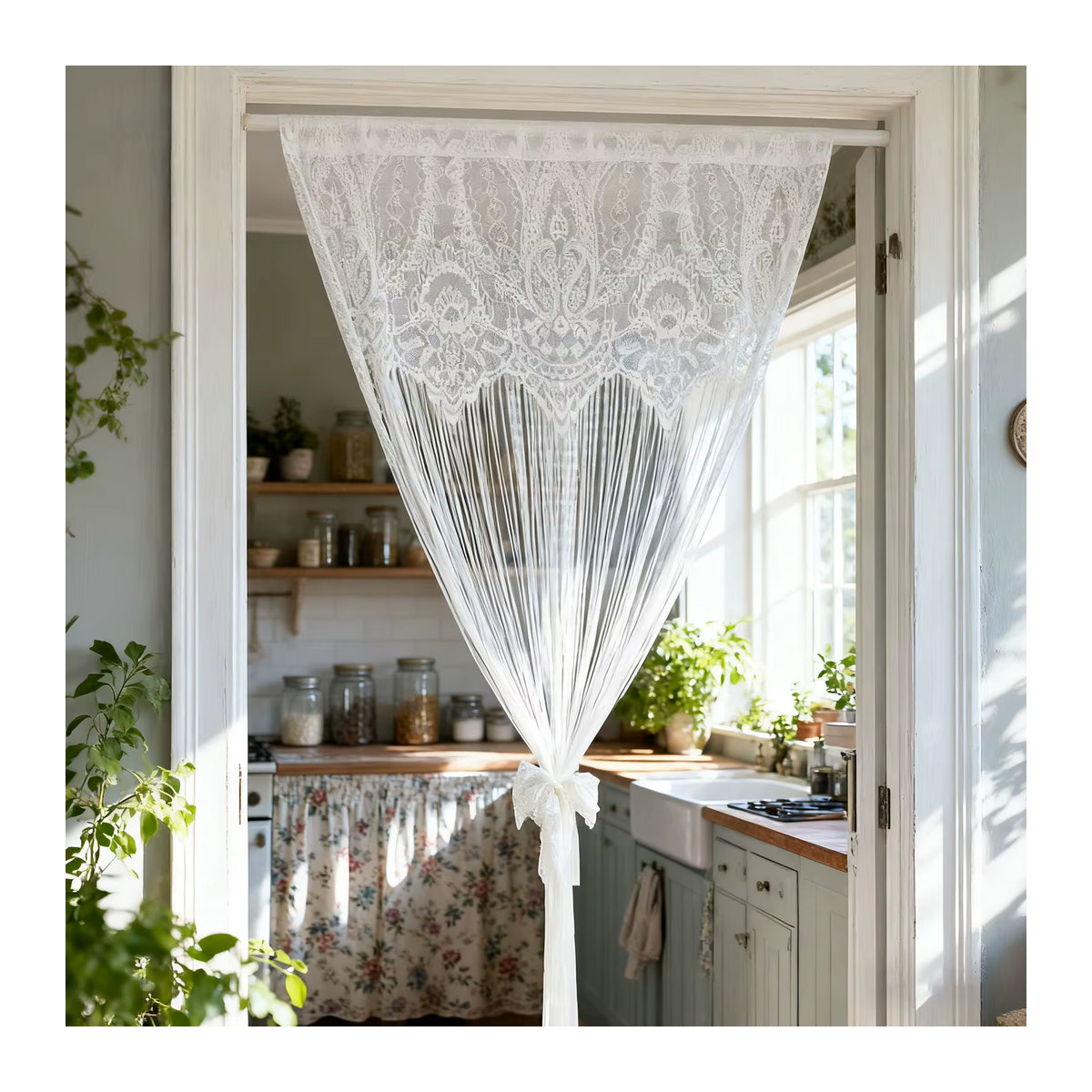 Französischer Vintage-Türvorhang mit Spitze und Quaste in Weiß, transparenter Fenstervorhang für Küche, Wohnzimmer und Balkon - Bild 2