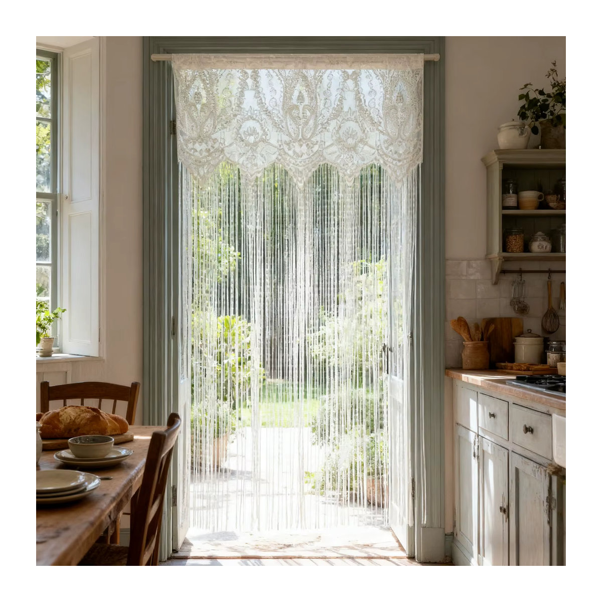 Französischer Vintage-Türvorhang mit Spitze und Quaste in Weiß, transparenter Fenstervorhang für Küche, Wohnzimmer und Balkon - Bild 3