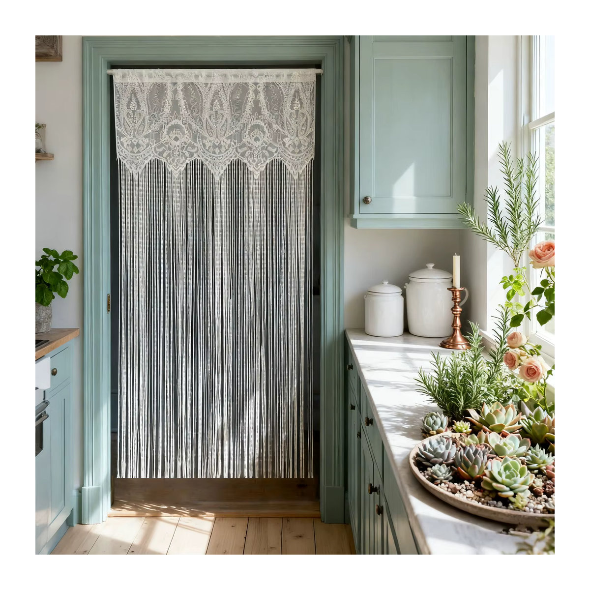 Französischer Vintage-Türvorhang mit Spitze und Quaste in Weiß, transparenter Fenstervorhang für Küche, Wohnzimmer und Balkon - Bild 4