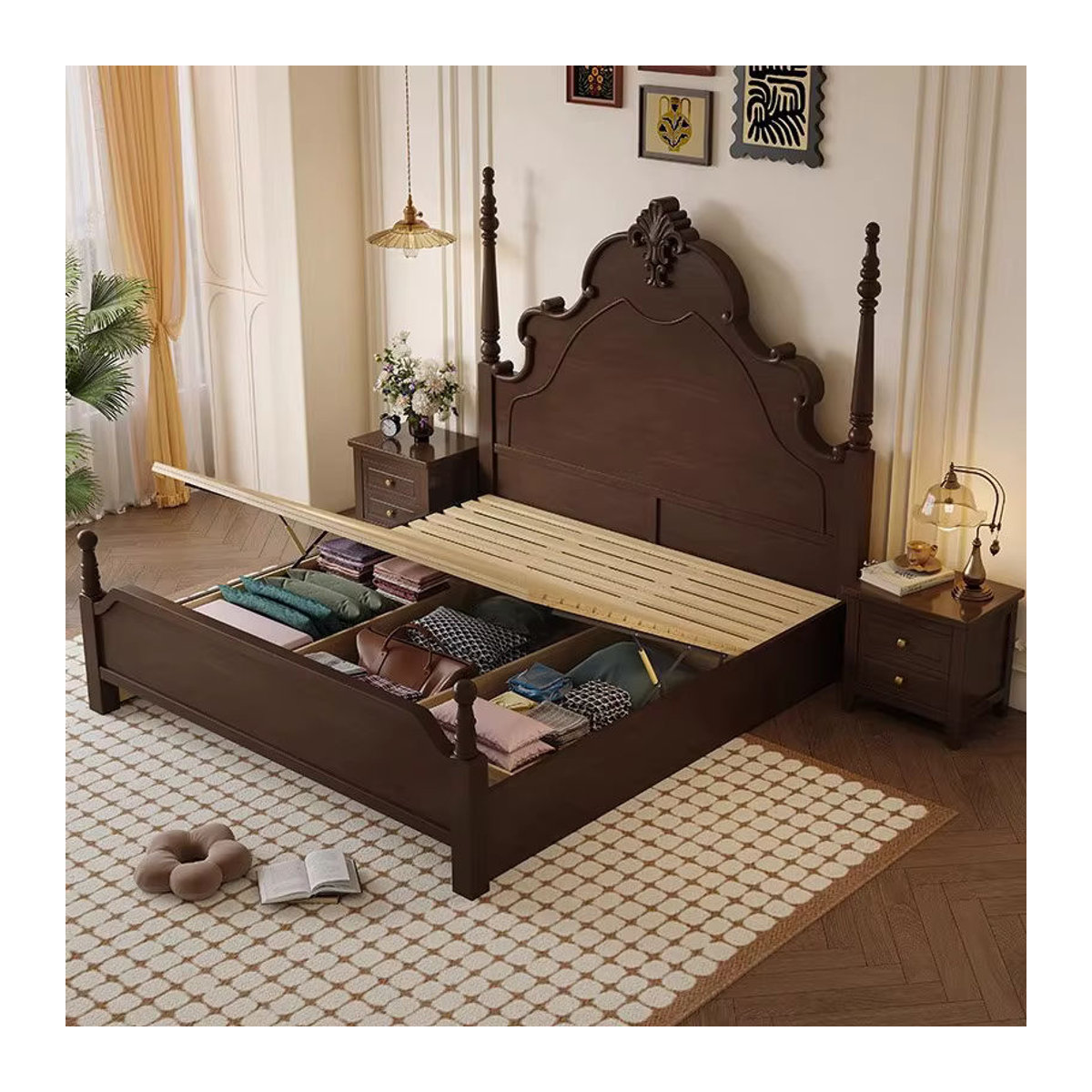 Französisches Retro-Massivholzbett aus Nussbaum in modernem Design, Doppelbett B/T/H: 180 x 200 x 150 cm - Bild 4
