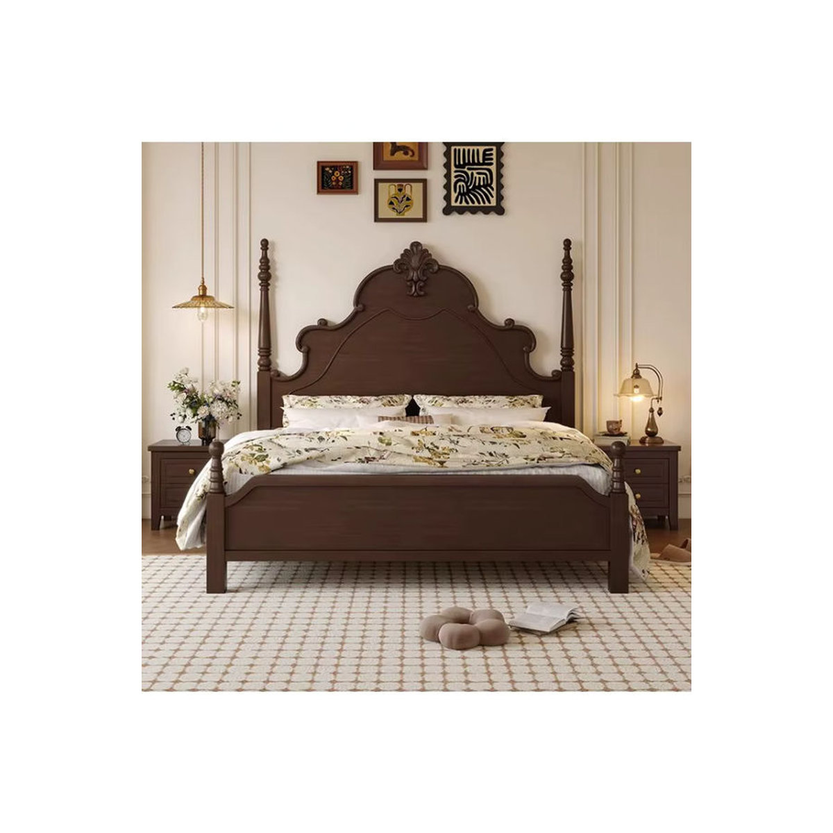 Französisches Retro-Massivholzbett aus Nussbaum in modernem Design, Doppelbett B/T/H: 180 x 200 x 150 cm - Bild 6