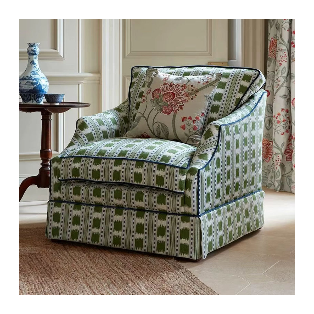 Französisches Retro-Stoffsofa in Grün als Einzel-Freizeitstuhl für Wohnzimmer und Schlafzimmer - Bild 2