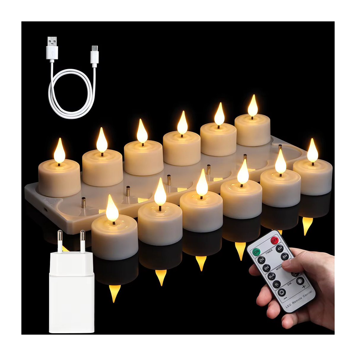 FREEPOWER LED-Teelichter Set mit Fernbedienung und Timer, wiederaufladbare flammenlose Kerzen in Schwarz und Weiß, zylindrische Dekoration für Hochzeit und Heimdekoration - Bild 3