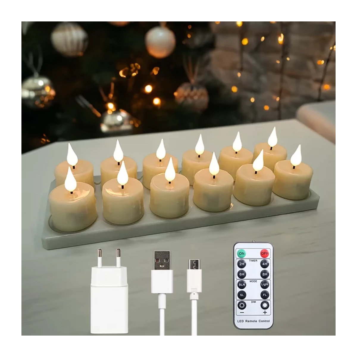 FREEPOWER Wiederaufladbare LED-Stumpenkerzen mit Fernbedienung in Beige, 12er Set, Zylindrische Flammenlose Kerzen aus Kunststoff - Bild 1