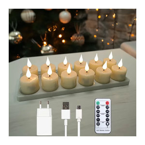 FREEPOWER Wiederaufladbare LED-Stumpenkerzen mit Fernbedienung in Beige, 12er Set, Zylindrische Flammenlose Kerzen aus Kunststoff