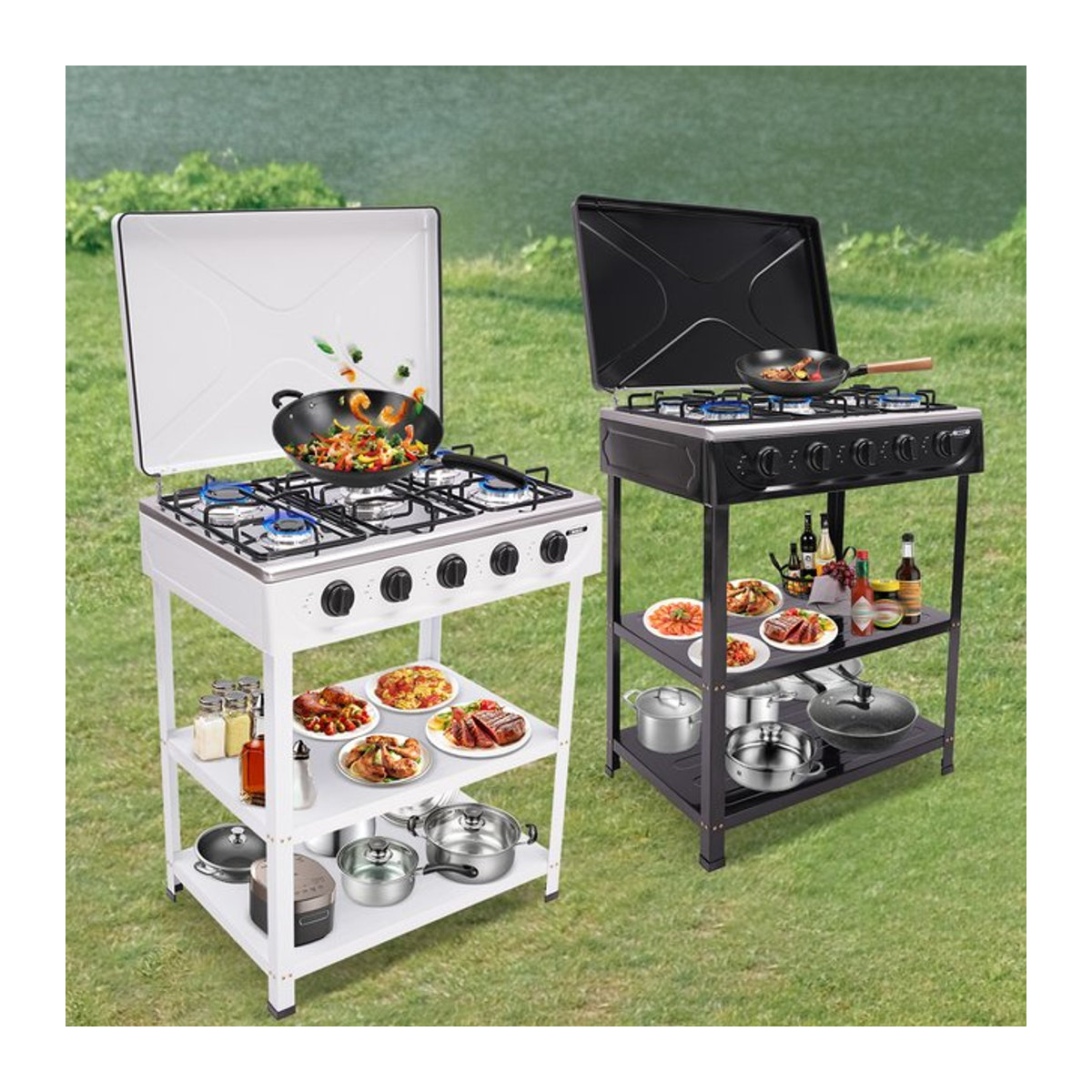 Freistehender 5-Flammen Gasgrill mit 2,5 kW Brennern in Weiß für Camping und Outdoor-Grillen - Bild 1