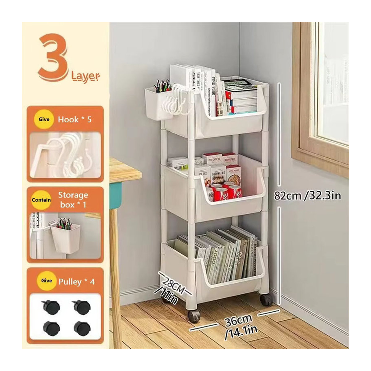 Freistehendes 2/3-schichtiges Lagerregal in Weiß mit Aufbewahrungskorb für Wohnzimmer, Küche oder Schlafzimmer - Bild 2