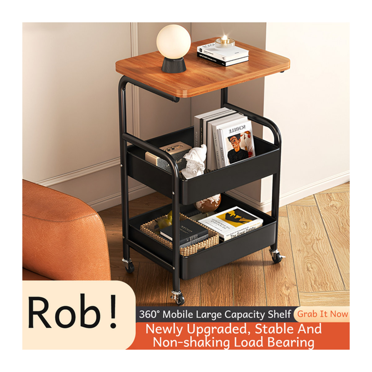 Freistehendes Lagerregal im Industrial-Design als beweglicher Trolley mit Rädern aus Holzwerkstoff und Metall, Weiß oder Braun - Bild 1