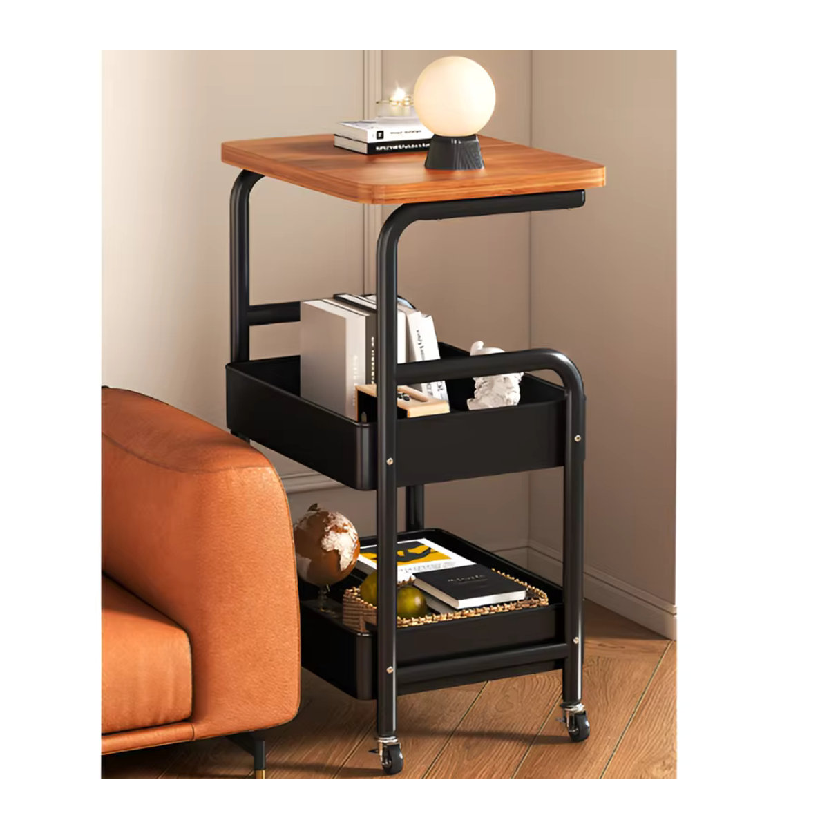 Freistehendes Lagerregal im Industrial-Design als beweglicher Trolley mit Rädern aus Holzwerkstoff und Metall, Weiß oder Braun - Bild 3