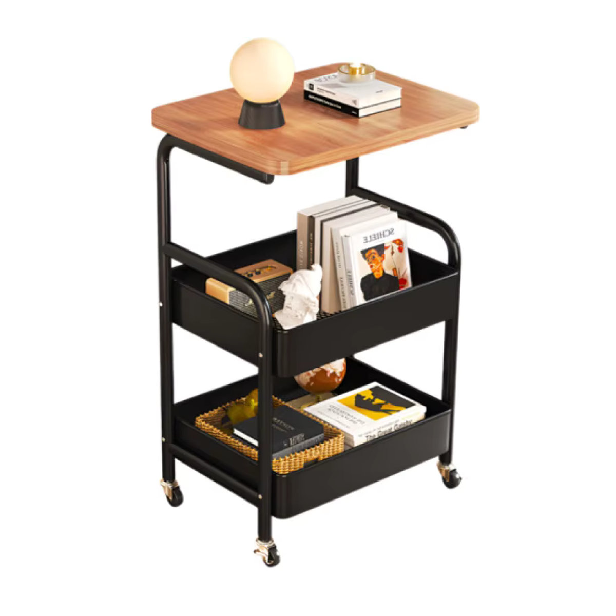 Freistehendes Lagerregal im Industrial-Design als beweglicher Trolley mit Rädern aus Holzwerkstoff und Metall, Weiß oder Braun - Bild 7