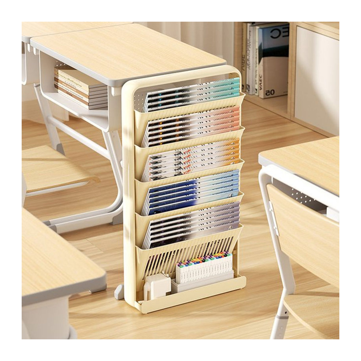 Freistehendes Uforu Bücherregal aus Kunststoff in Beige und Gelb für Klassenzimmer und Bibliotheken - Bild 1