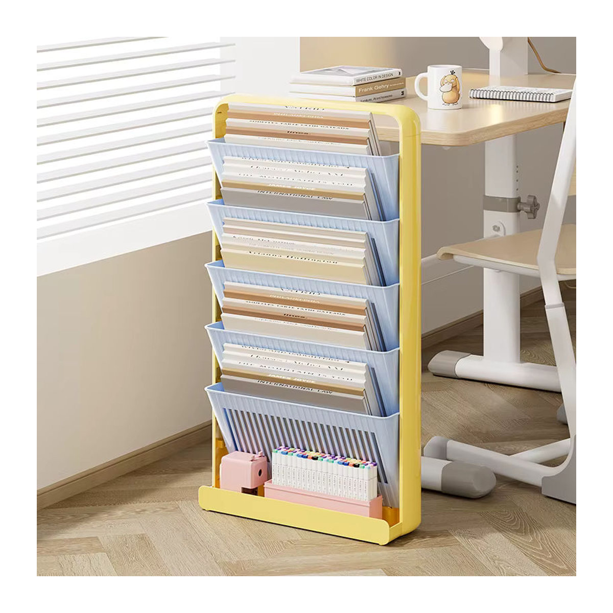 Freistehendes Uforu Bücherregal aus Kunststoff in Beige und Gelb für Klassenzimmer und Bibliotheken - Bild 3