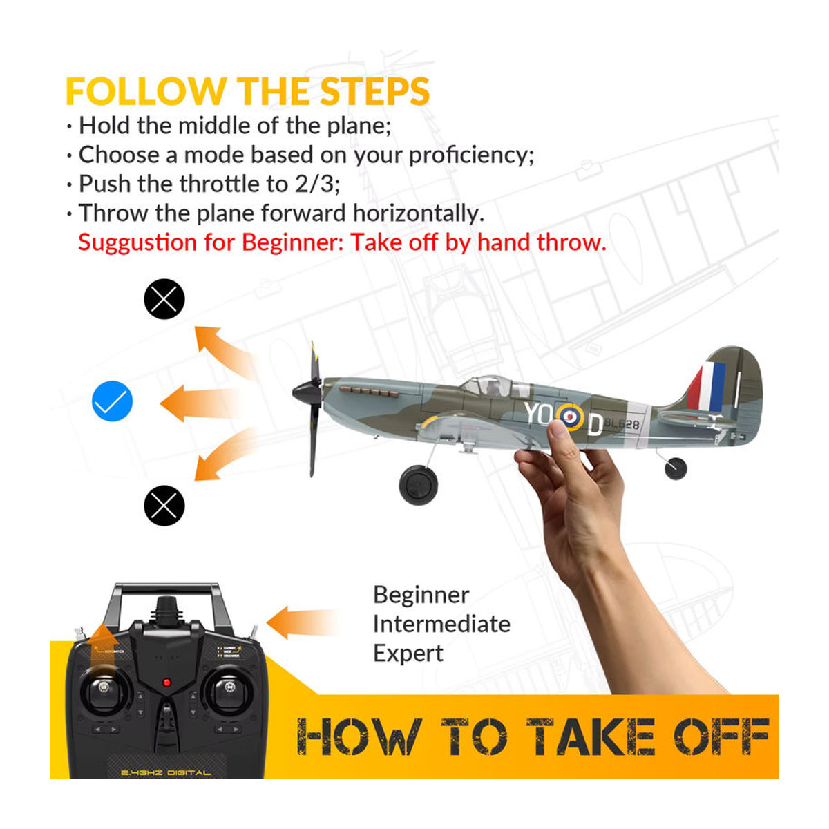 Fremego Spitfire RC Flugzeug 2,4G 4CH mit Xpilot Stabilisator und EPP Material, Bunt, Spannweite: 400 mm - Bild 5