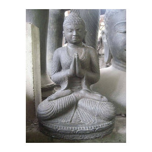 Frostfeste Buddha Figur in Grau aus Stein und Beton, Sitzende Buddha Statue mit Mudra Gruß für den Garten, Höhe: 45 cm