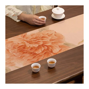 Fugui Blumen-Teematte im chinesischen Zen-Stil mit Pfingstrosen-Motiv, wasserdichter Tischläufer in Orange