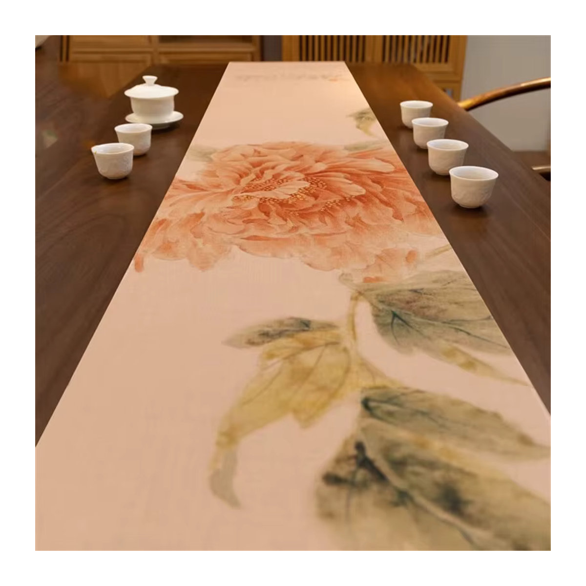 Fugui Blumen-Teematte im chinesischen Zen-Stil mit Pfingstrosen-Motiv, wasserdichter Tischläufer in Orange - Bild 2