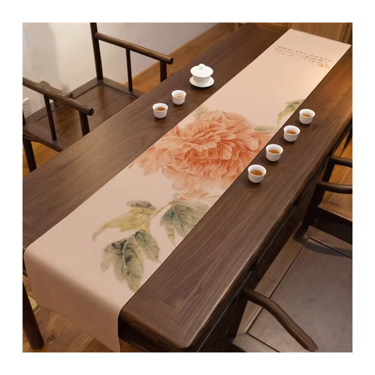 Fugui Blumen-Teematte im chinesischen Zen-Stil mit Pfingstrosen-Motiv, wasserdichter Tischläufer in Orange - Bild 3