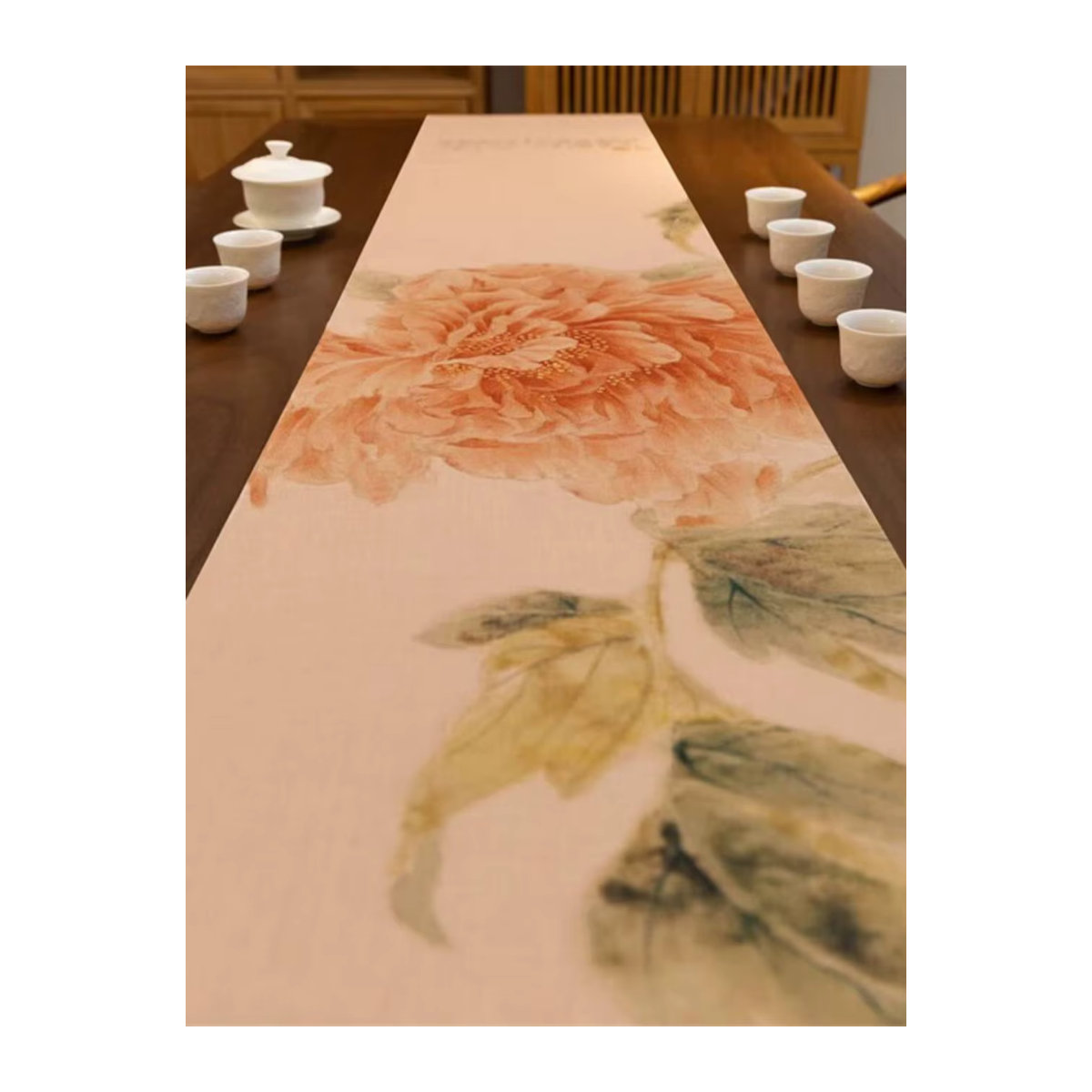 Fugui Blumen-Teematte im chinesischen Zen-Stil mit Pfingstrosen-Motiv, wasserdichter Tischläufer in Orange - Bild 4