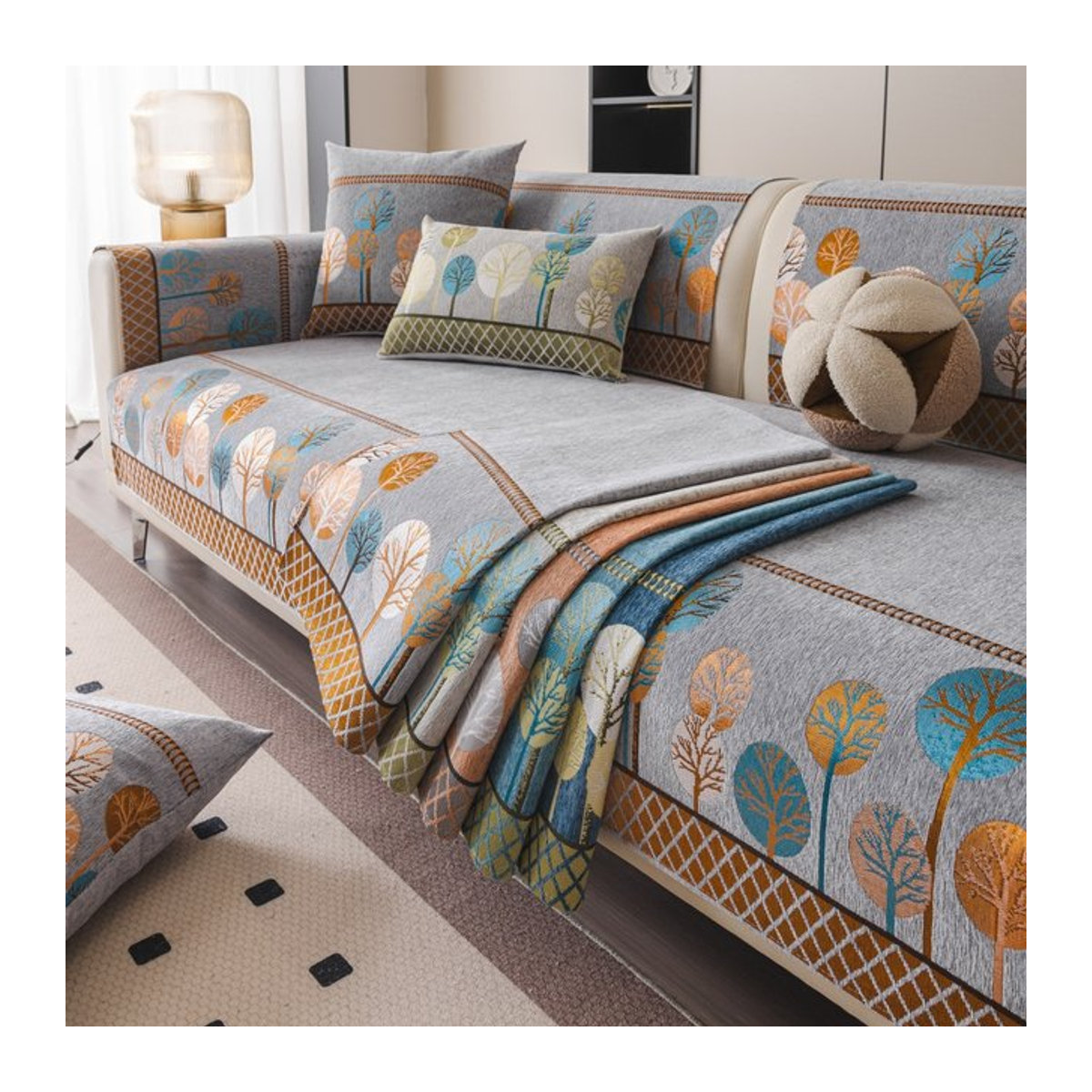 Full Moon Tree Chenille-Sofamatte mit Jacquard-Kombination, rutschfest und universeller Sofabezug für dein Sofa in Grau oder Mehrfarbig - Bild 1