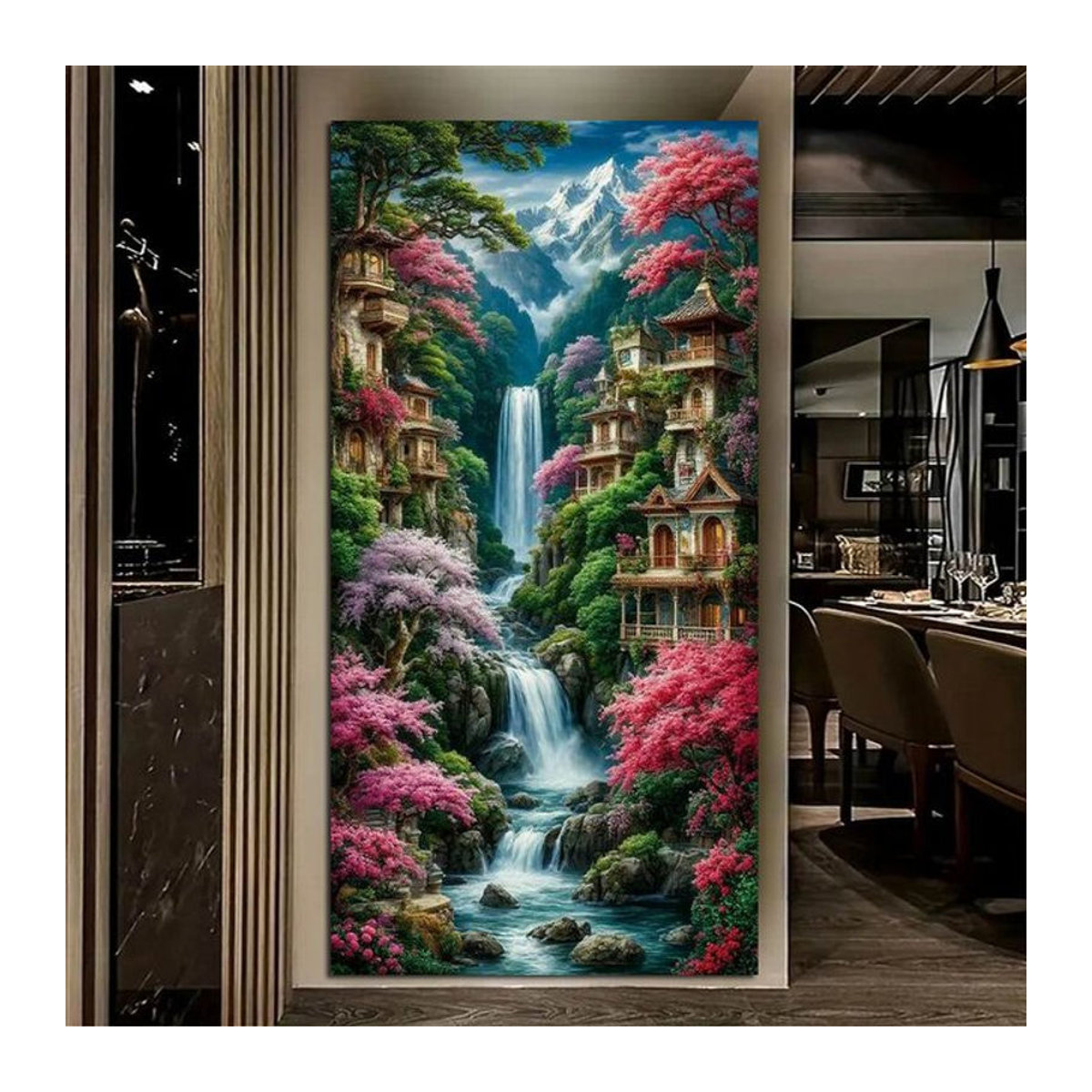 Fullcang Mountain Castle Diamantmalerei als DIY Landschaftsmosaik mit Wasserfall und Blumen, rund, mehrfarbig, wandmontiert - Bild 1