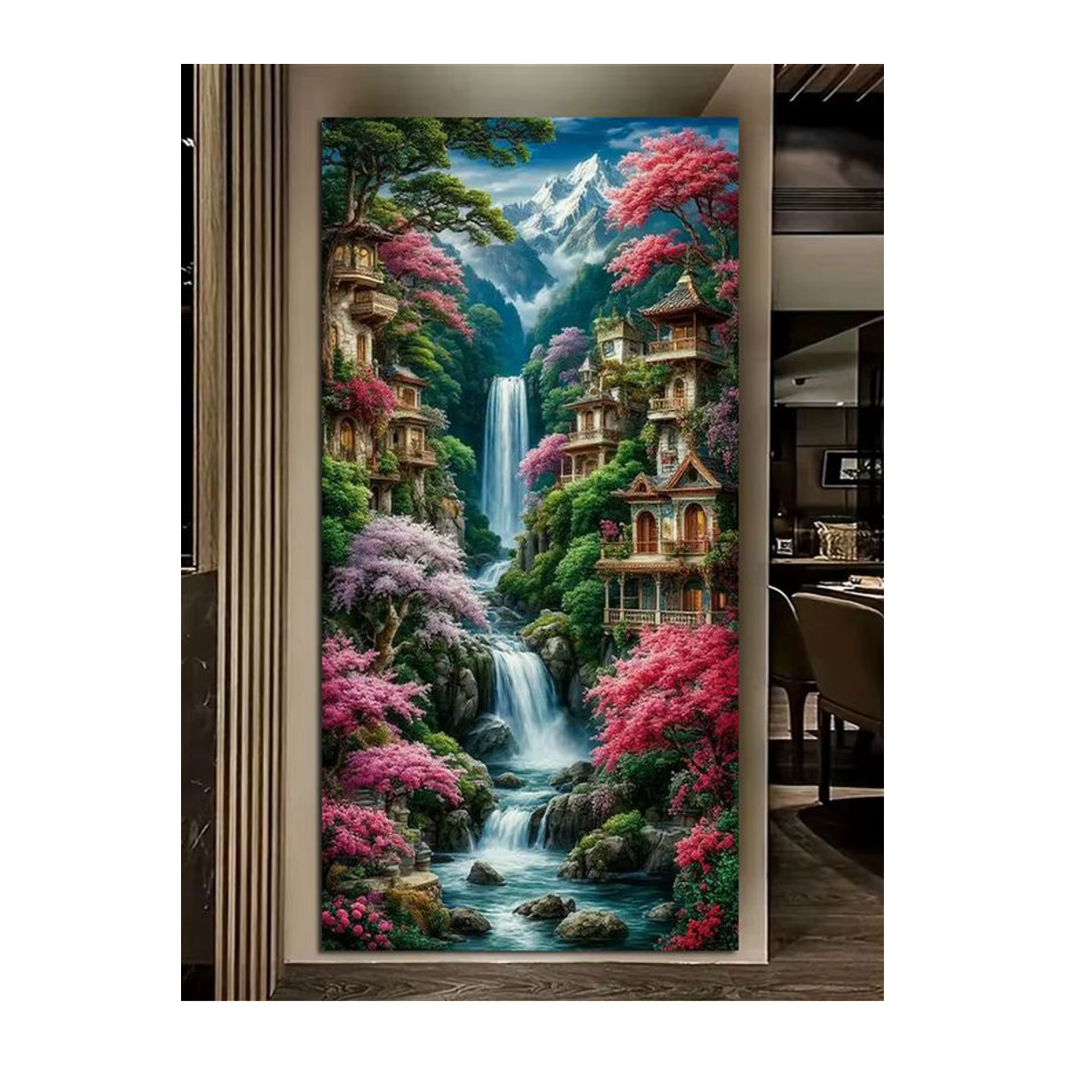 Fullcang Mountain Castle Diamantmalerei als DIY Landschaftsmosaik mit Wasserfall und Blumen, rund, mehrfarbig, wandmontiert - Bild 3