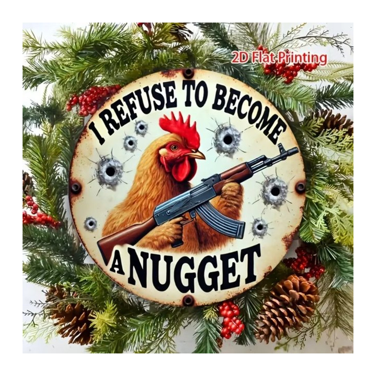 FUNCHICKEN Vintage-Gemälde aus Eisenblech I Weigern to Become a Nugget Hühner Wandkunst in Mehrfarbig - Bild 1