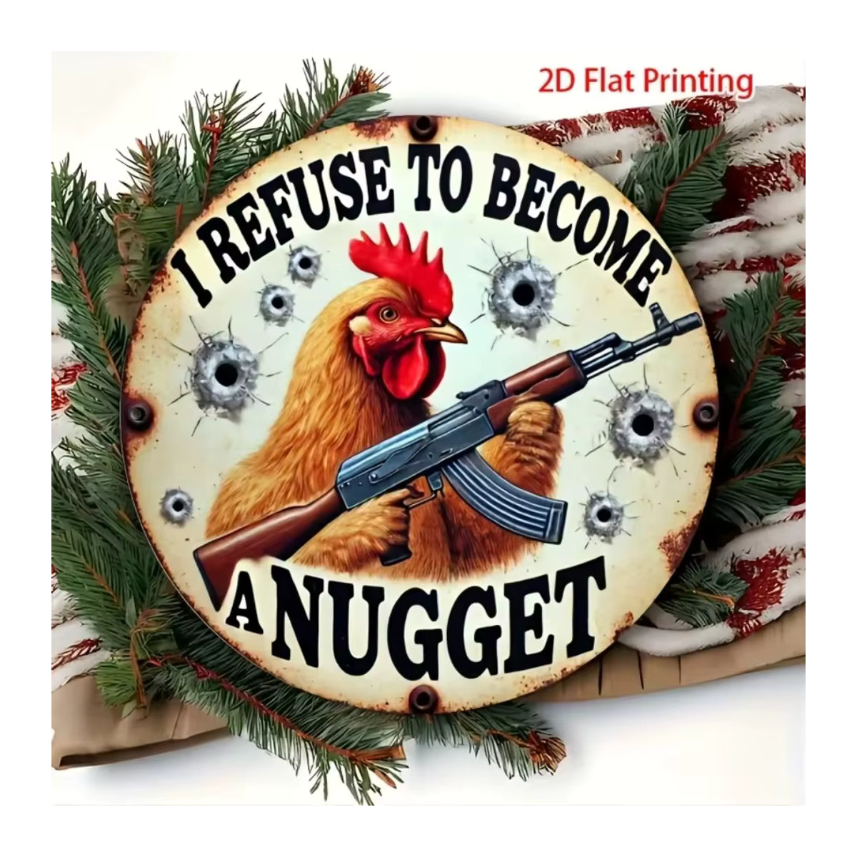 FUNCHICKEN Vintage-Gemälde aus Eisenblech I Weigern to Become a Nugget Hühner Wandkunst in Mehrfarbig - Bild 2