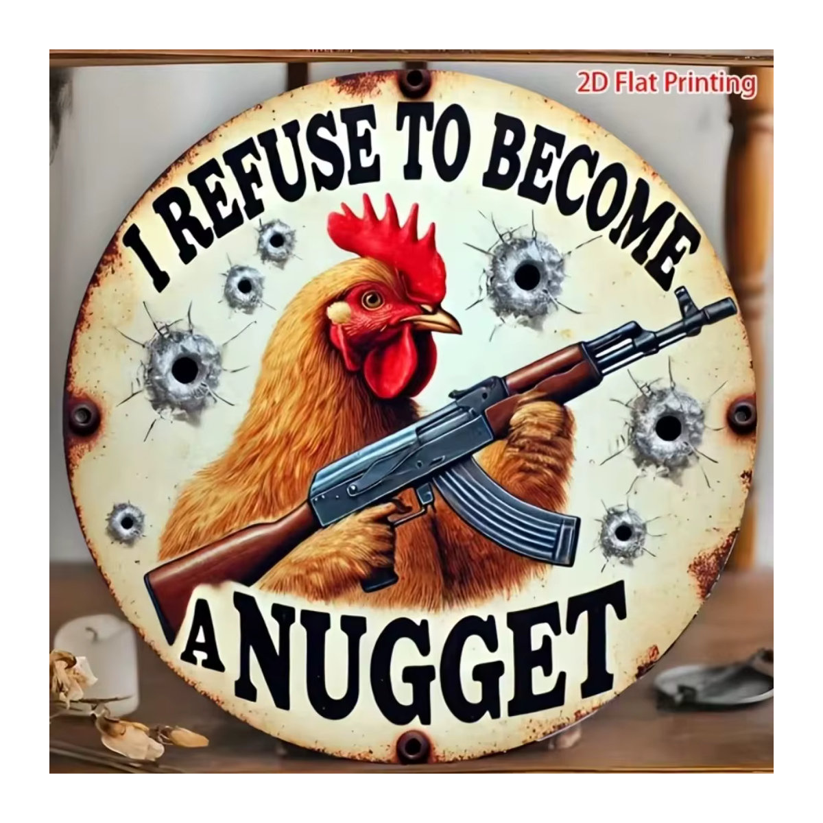 FUNCHICKEN Vintage-Gemälde aus Eisenblech I Weigern to Become a Nugget Hühner Wandkunst in Mehrfarbig - Bild 5