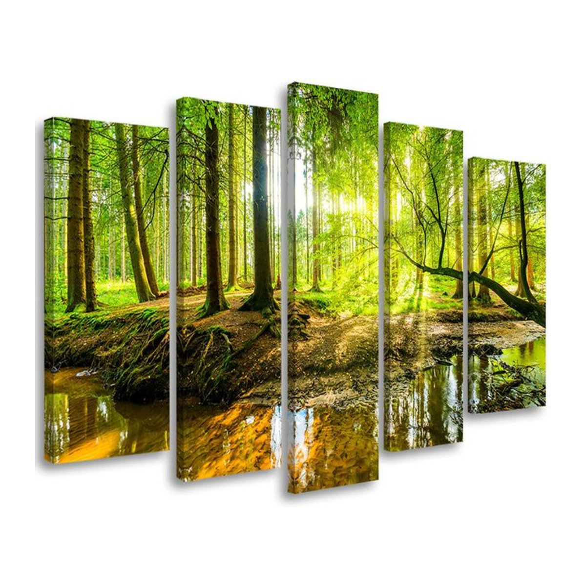 Fünfteiliger Leinwanddruck Feeby Forest Lake Nature in Grün, Landschaftsmotiv als Wanddekoration, B: 100 cm, H: 70 cm - Bild 1