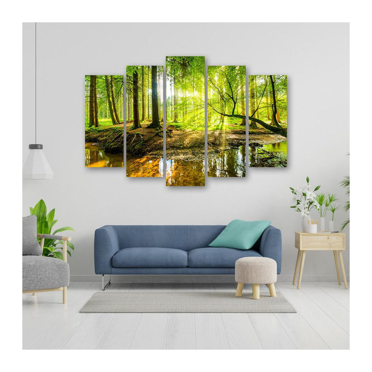 Fünfteiliger Leinwanddruck Feeby Forest Lake Nature in Grün, Landschaftsmotiv als Wanddekoration, B: 100 cm, H: 70 cm - Bild 2